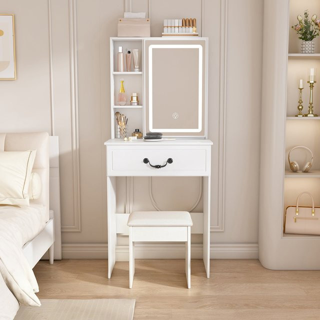 SONNI Schminktisch Set modern minimalistisch in Weiß mit dimmbarem LED Spiegel, verstecktem Stauraum und gepolstertem Hocker, B/T/H: 60 x 36 x 131 cm - Bild 1