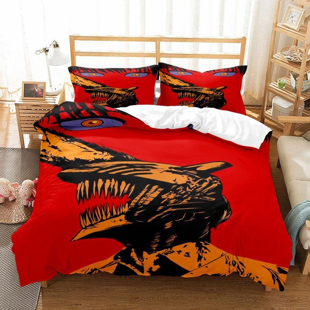 Wucifang Bags Kettensägenmann Anime Bettwäsche-Set aus Mikrofaser in Rot mit Bettbezug und Kissenbezug, Breite: 135 cm, Länge: 200 cm - Bild 1