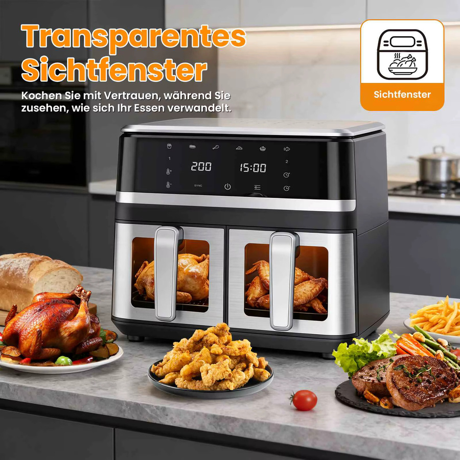 Aiorber Heißluftfritteuse 8L mit Sichtfenster und Digital-Touch-Display, 1400W XXL Air Fryer in Schwarz - Bild 5