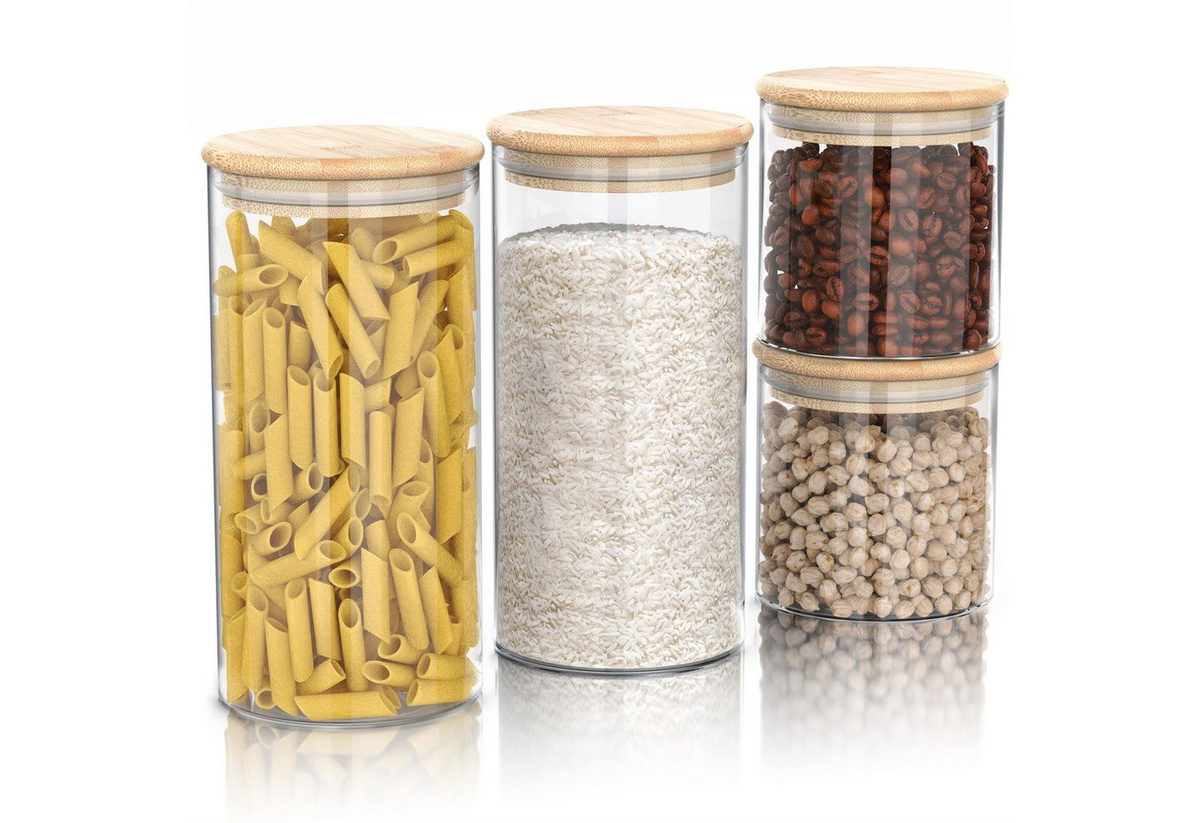 Arendo Vorratsgläser Set aus Borosilikatglas mit Bambusdeckel, 4er-Set, 2x 0,78 l und 2x 1,57 l, luftdicht und mikrowellengeeignet - Bild 1