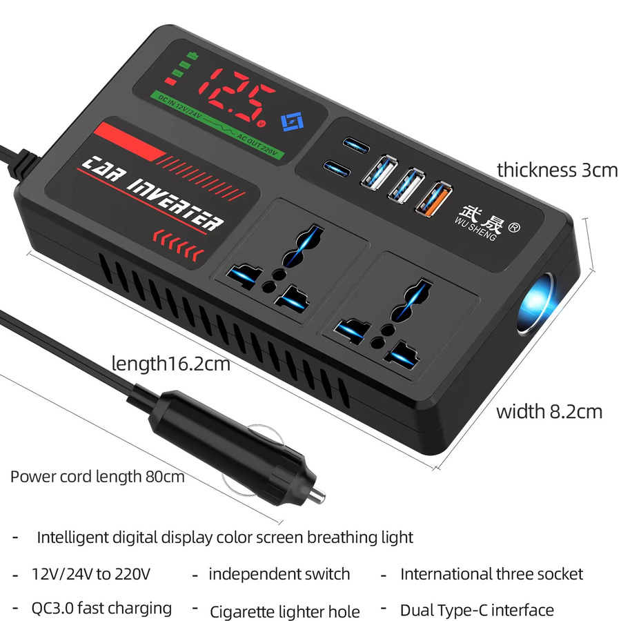 Kebidumei Tragbarer Auto-Wechselrichter 12V auf 110V und 24V auf 220V Steckdosenadapter mit 4 USB-Anschlüssen für Auto LKW SUV und Wohnmobil in Schwarz - Bild 4