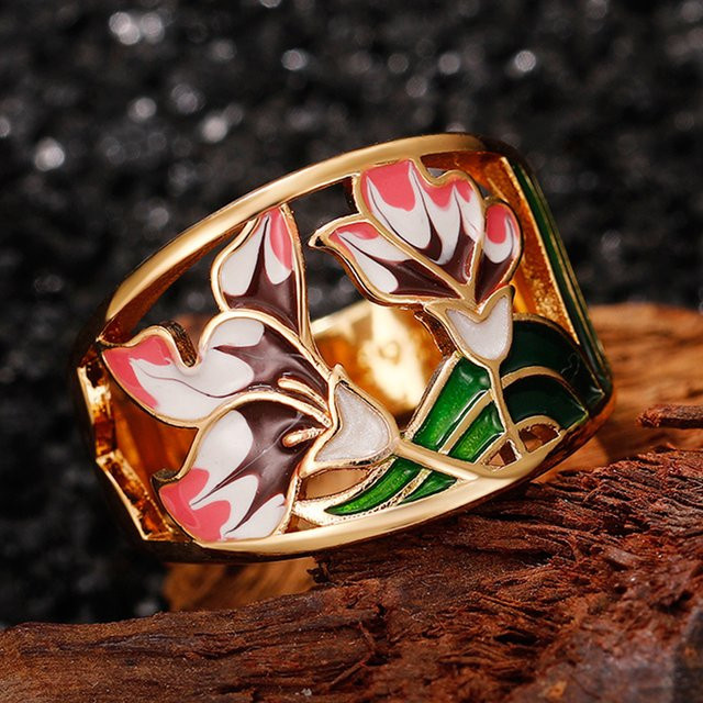 Huitan Ring, Rosa Blume, Emaille, Goldfarbe, Damen - Bild 1