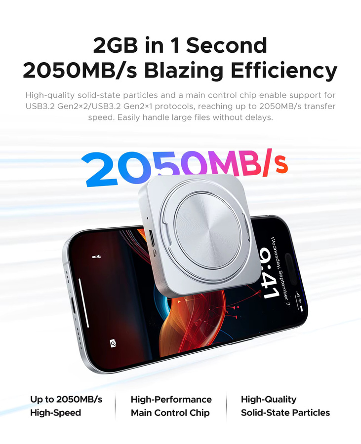 ORICO Magnetische externe SSD mit 360-Grad-Drehständer und MagSafe Unterstützung, bis zu 2000 MB/s, Aluminiumlegierung, Silber - Bild 2