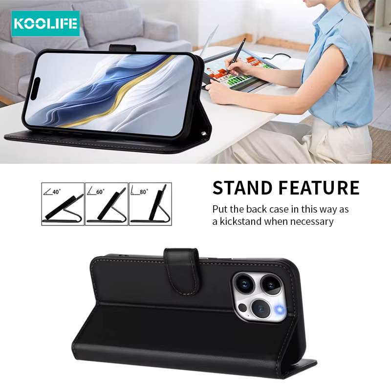 Koolife Multifunktions-Flip-Wallet-Hülle aus schwarzem PU-Leder mit Anti-Drop-Kartenhalter für iPhone 11, 12, 13, 14, 15, 16 Pro Max - Bild 6