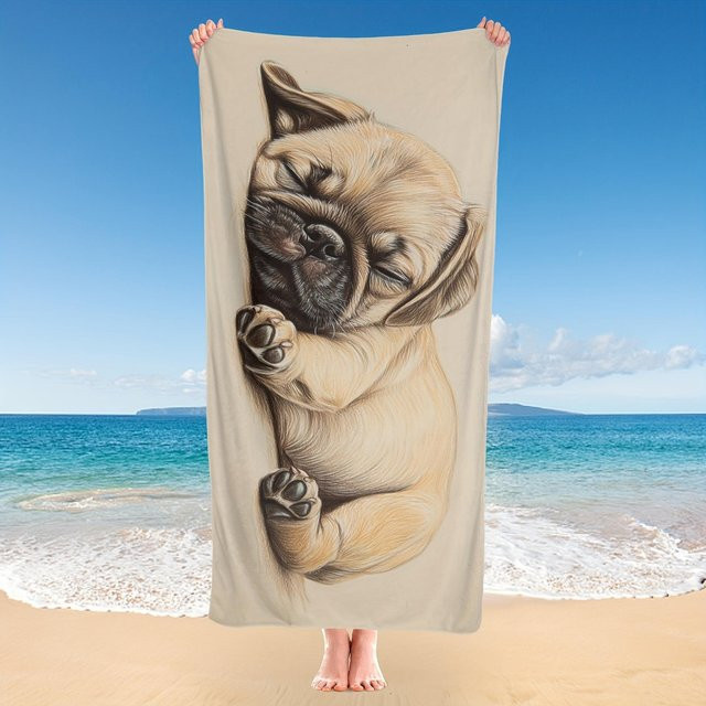 JMG Household Supplies Strandtuch mit Schlafender Mops Aufdruck, Beige, Polyester, B/H: 80 x 160 cm - Bild 1