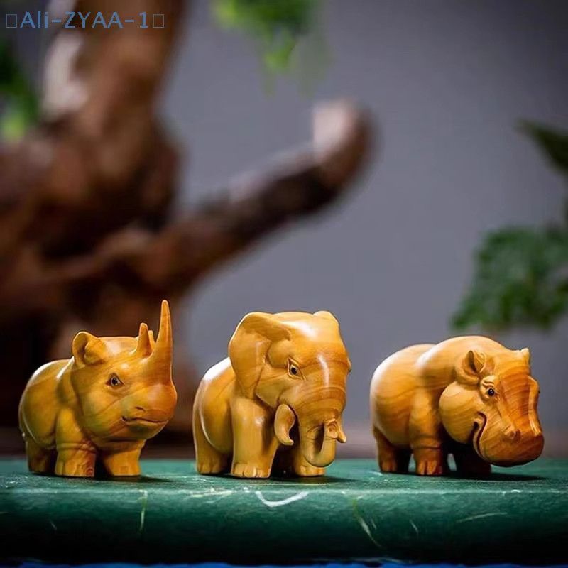 JETTING Handgeschnitzte Tierfiguren aus Holz als Dekoration für Zuhause und Auto Nashorn Nilpferd Elefant - Bild 3
