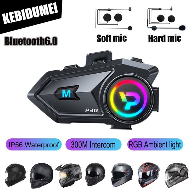 Kebidumei P30 Motorradhelm-Gegensprechanlage mit Bluetooth 6.0, wasserdichtes Bluetooth-Headset in Schwarz mit 300 m Reichweite - Bild 1