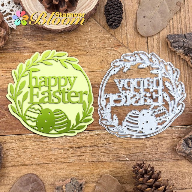 Metall Stanzform Happy Easter Osterkranz für Scrapbooking und dekorative Prägung in Silber - Bild 1