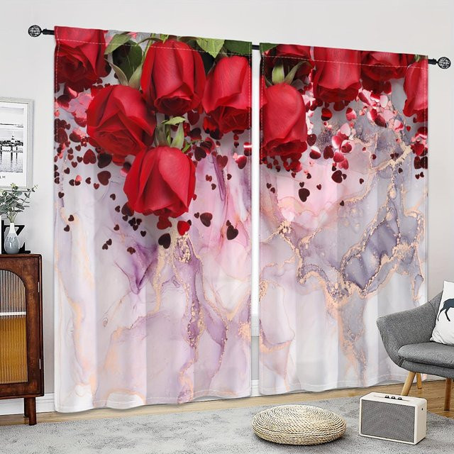 Yiran Furniture Rosen Vorhang mit floralem Muster, 2er-Set, halbtransparent, Polyester, Mehrfarbig, Breite: 65 cm, Höhe: 60 cm - Bild 1