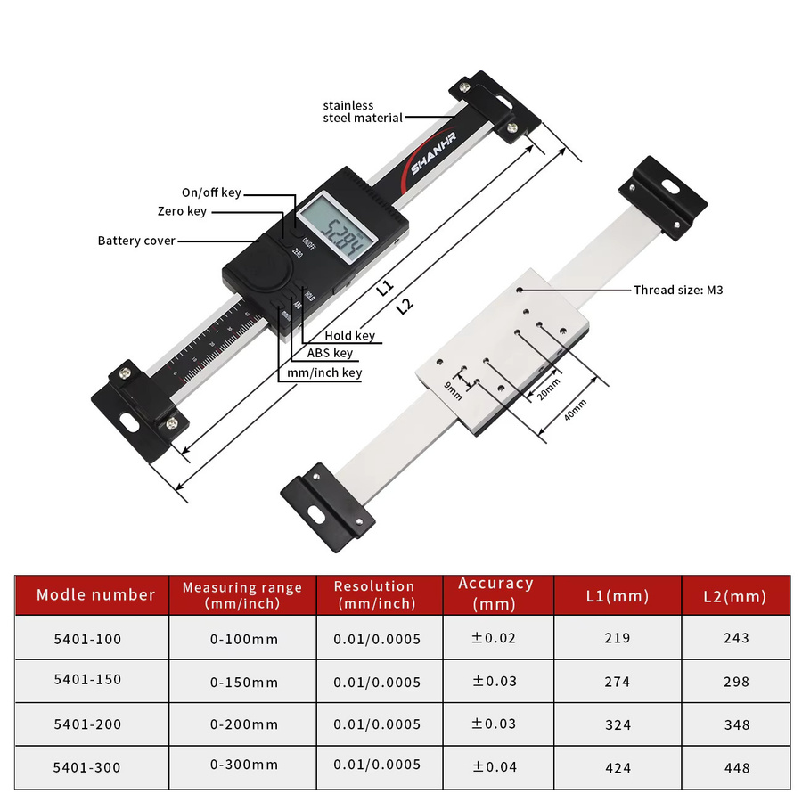 SHANHR Vertikale Lineare Skala für digitale DRO Quill Kits und Bridgeport-Anzeigen, Messschieber-Lineal in den Größen 100 mm, 150 mm, 200 mm und 300 mm - Bild 2