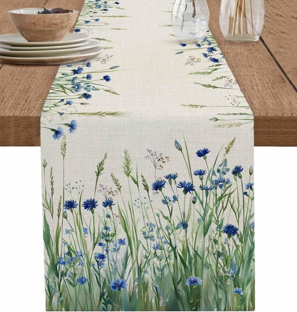 JINGYUE Pet Tischläufer aus Leinen mit floralem Aquarell-Blumenmuster in Grau und Mehrfarbig, B/T: 150 x 33 cm - Bild 1