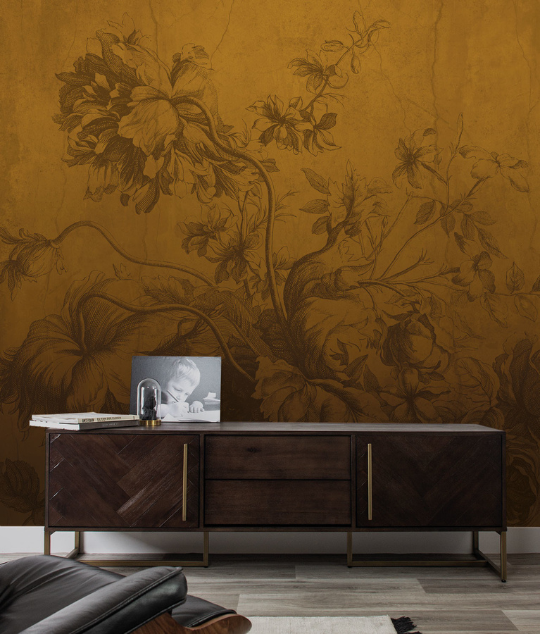 KEK Amsterdam Mural Gradient Flowers Uyterlinde Wandtattoo in Ocker und Gold, Florales Design, 195 cm - Bild 1