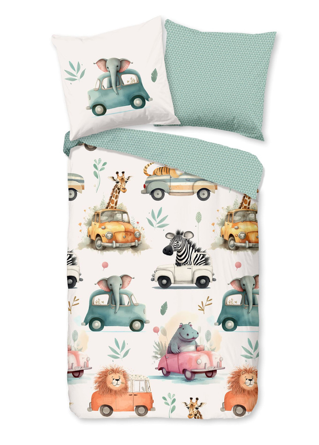 Good Morning Kinder Bettwäsche Gogo Tiere Auto Wende Zoo weiß mint B/H: 135 x 200 cm - Bild 1