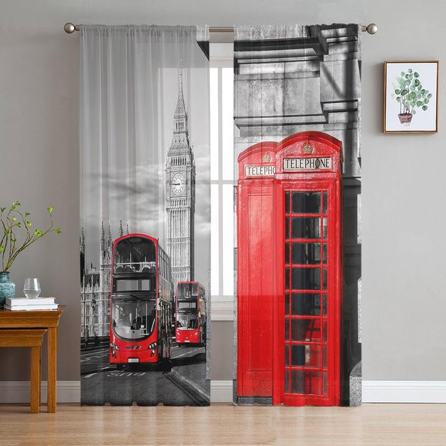 Transparente Vorhänge mit London Roter Telefonzelle und Bus aus Tüll, Voile und Organza, Farbe: Multicolour, Breite: 135 cm, Höhe: 115 cm - Bild 1