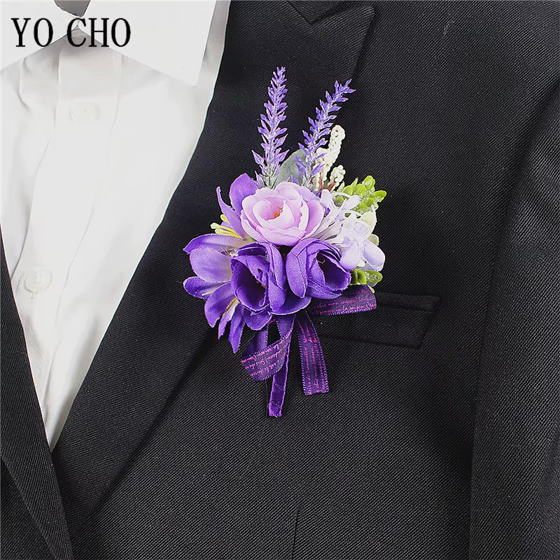 YO CHO Blumen-Boutonniere, lila Seidenrosen-Broschen, Herren - Bild 2