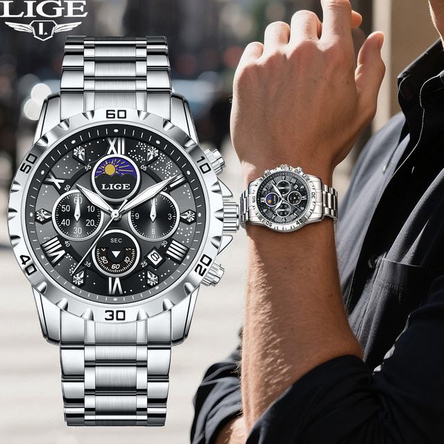 LIGE Armbanduhr Chronograph, Edelstahl, Quarz, Schwarz, Herren - Bild 1