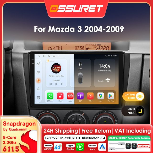 OSSURET Android Autoradio für Mazda 3 (2004-2009) mit Snapdragon Prozessor, 8-adrig, AI Carplay, GPS und 360 Kamera, Schwarz - Bild 1