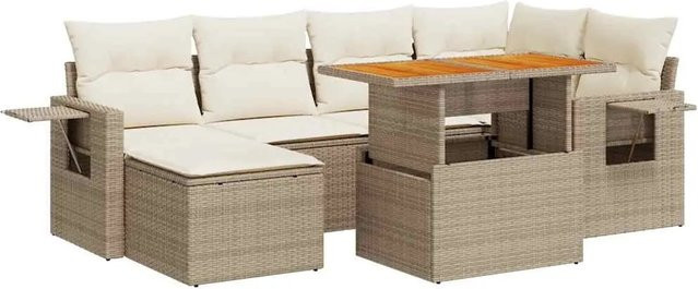 vidaXL 7-teilige Garten-Sofagarnitur in L-Form aus Poly-Rattan und Akazienholz mit Kissen in Beige und Cremeweiß - Bild 1