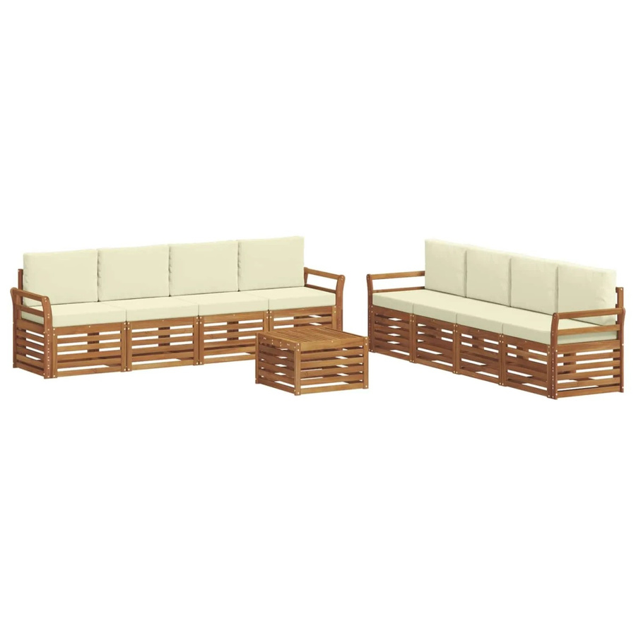 vidaXL Sofagarnitur aus Massivholz Akazie in Natur und Beige, 9-teiliges Set mit Tisch, Sesseln und Kissen im modernen Latten-Design - Bild 2