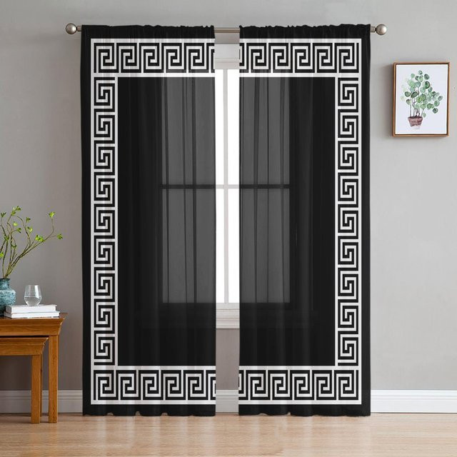 Super Six Transparente Voile-Vorhänge mit griechischem Schlüsselmuster in Rot, Chiffon-Tüllvorhang für Wohnzimmer und Schlafzimmer, Breite: 135 cm, Höhe: 274 cm - Bild 1