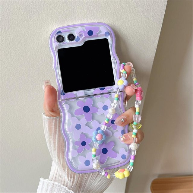 Samsung Galaxy Z Flip 6 5 4 3 Armband Hülle mit Cartoon Blume und Handgelenk Kette in Multicolour Transparent Purple - Bild 1