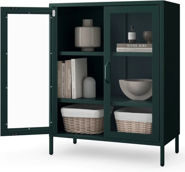 DELUKE Vitrinenschrank modern in Dunkelgrün mit Glastüren und Metall, H x B x T: 101,5 x 80 x 40 cm - Bild 1