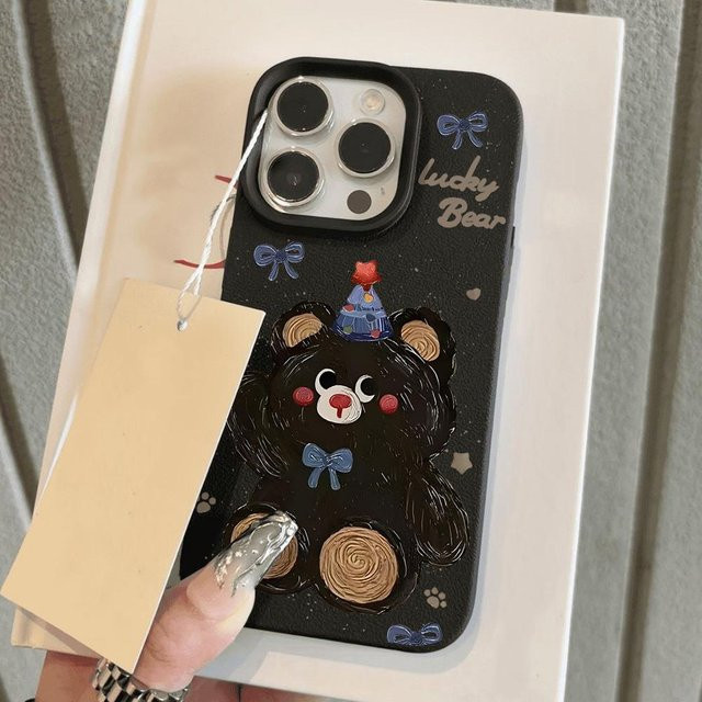 TUNEDEE Handyhülle mit süßem Bären-Design aus weichem Leder für iPhone 11 bis iPhone 16 Pro Max, Stoßfest, Farbe: Grau - Bild 1