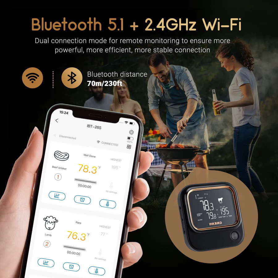 INKBIRD IBT-26S Kabelloses WiFi Fleischthermometer mit 4 Sonden für Grill und Küche - Bild 2