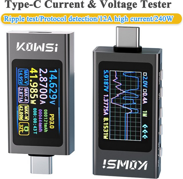 KWS-X1 USB-C Tester Voltmeter und Amperemeter zur Messung von Spannung, Stromstärke, Kapazität und Welligkeit für Schnellladeprotokolle (4V-30V, 12A) - Bild 1