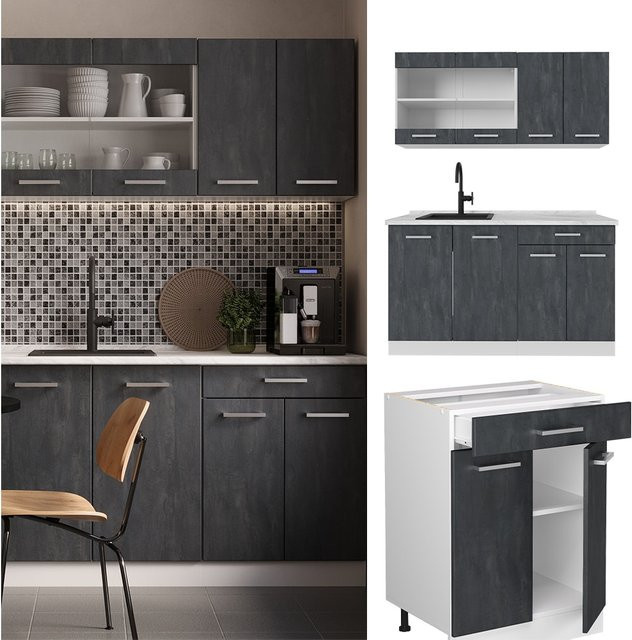 Vicco R-Line Singleküche Schwarz Beton und Weiß, Breite: 140 cm - Bild 1