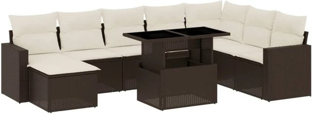vidaXL 9-tlg Garten-Sofagarnitur in L-Form aus braunem Poly-Rattan mit Kissen und Metallrahmen - Bild 1