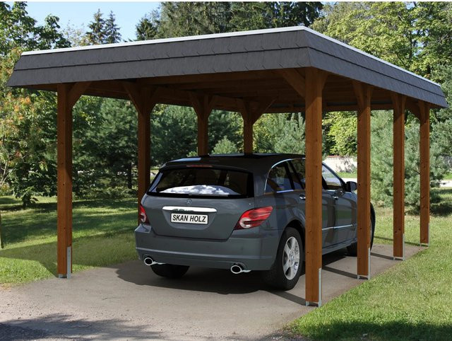 Skan Holz Carport Spreewald aus Nadelholz mit EPDM Dach in Nussbaum Braun, B/T: 345 x 589 cm, Höhe: 241 cm - Bild 1