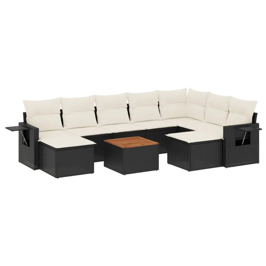 vidaXL 10-tlg. Garten-Sofagarnitur in L-Form aus Polyrattan und Akazienholz mit Kissen in Schwarz-Creme - Bild 2