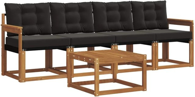 vidaXL Outdoor-Sofagarnitur aus Akazienholz und Textilene in Natur und Schwarz mit Kissen und Tisch - Bild 1