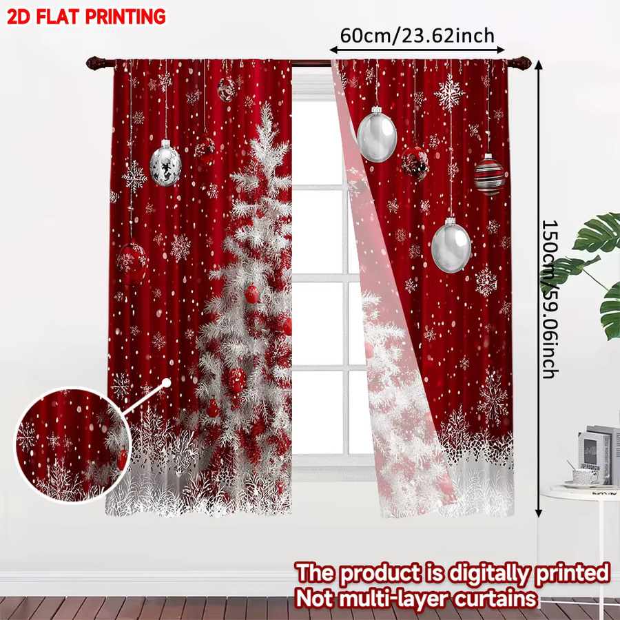 Set aus 2 weihnachtlichen Polyester-Vorhängen mit weißem Baum-Motiv in Weiß und Rot, semi-transparent und modern gestaltet - Bild 2