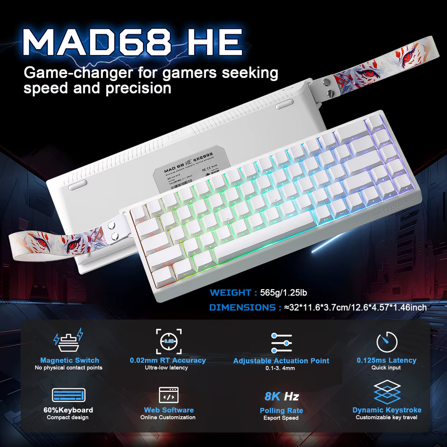 YUNZII X MADLIONS MAD68 HE Weiße Magnetische Gaming-Tastatur mit Hall-Effekt, 65% Kabelgebunden, 8K Polling Rate und einstellbarer Auslösezeit - Bild 2