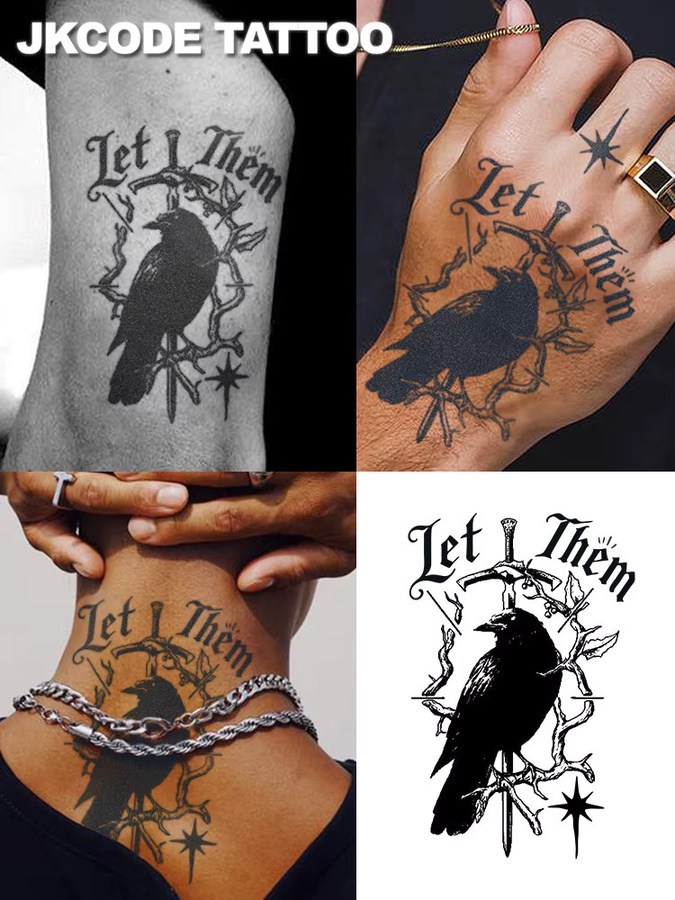 JKCODE TATTOO Wasserfeste Semi-Permanente Tattoos, Krähen- & Dornenzweig-Muster, Herren - Bild 7