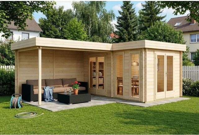 Carlsson Gartenhaus Quinta Flachdach Log Cabin Unbehandelt Beige B: 680 cm, T: 467 cm, H: 236 cm - Bild 1