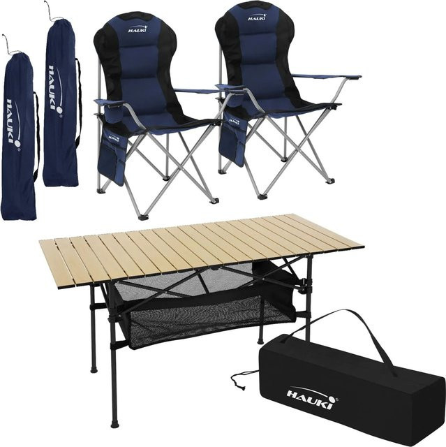 HAUKI Campingmöbel Set 3-teilig aus Aluminium mit Klapptisch Beige und 2 Campingstühlen Blau - Bild 2