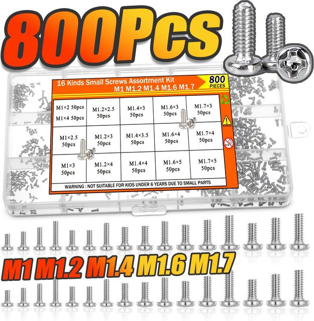 BOVILEVR 800-teiliges Set Mikroschrauben M1–M1,7 Phillips-Flachkopf-Elektronikschrauben in Silber für die Reparatur von Telefonen, Laptops, Uhren und Brillen - Bild 1