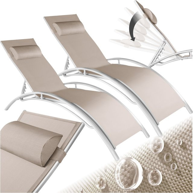 tectake 2er Set Gartenliege Alina aus Aluminium mit Textilene-Gewebe und abnehmbarem Kopfpolster in Beige, B/T/H: 180 x 59 x 50 cm - Bild 1