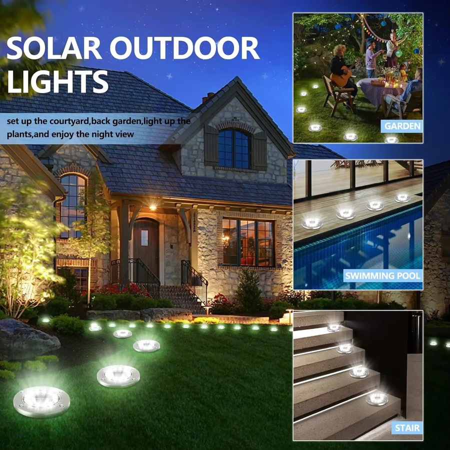 Wasserdichte Solar-Bodenleuchten mit 12 LED für Garten und Terrasse, weiße Solar-Scheibenleuchten in moderner runder Form mit warmweißem Licht - Bild 4