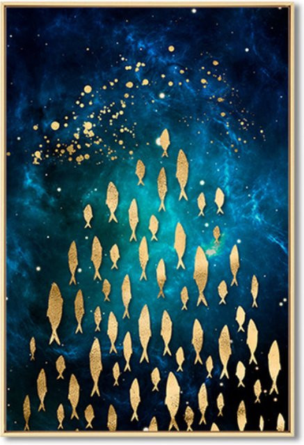 TPFLiving Luxus Poster Leinwand Set mit goldenen Fischen und Schmetterlingen auf blauem Hintergrund, Modell B, B/H: 40 x 60 cm - Bild 1