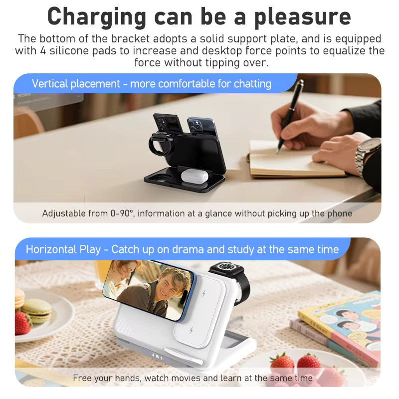 VIKEFON 4-in-1 Dual-Handy Kabelloses Ladegerät Magnetischer Schnellladeständer für iPhone, Samsung, Xiaomi und Apple Watch in Schwarz - Bild 3