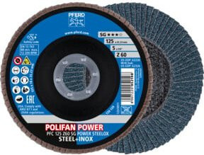 PFERD TOOLS POLIFAN POWER Fächerscheibe PFC konisch Blau Durchmesser: 125 mm, Bohrung: 22,23 mm, Korn Z60 SG STEELOX für Stahl und Edelstahl - Bild 1