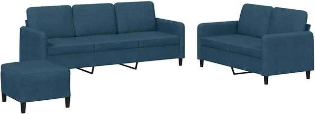 vidaXL 3-teilige Sofagarnitur aus Samt in Blau mit 3-Sitzer-Sofa, 2-Sitzer-Sofa und Fußhocker - Bild 1