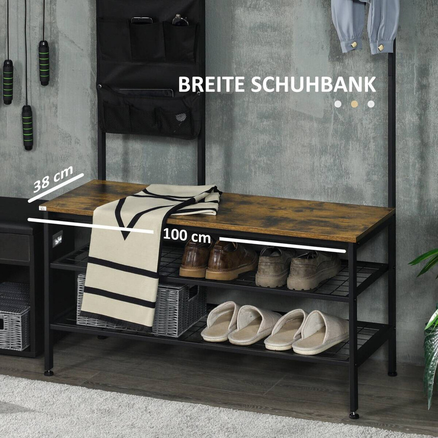 HOMCOM Garderobenständer mit Sitzbank im rustikalen Design, Farbe Braun, B/H/T: 40 x 185 x 40 cm - Bild 3