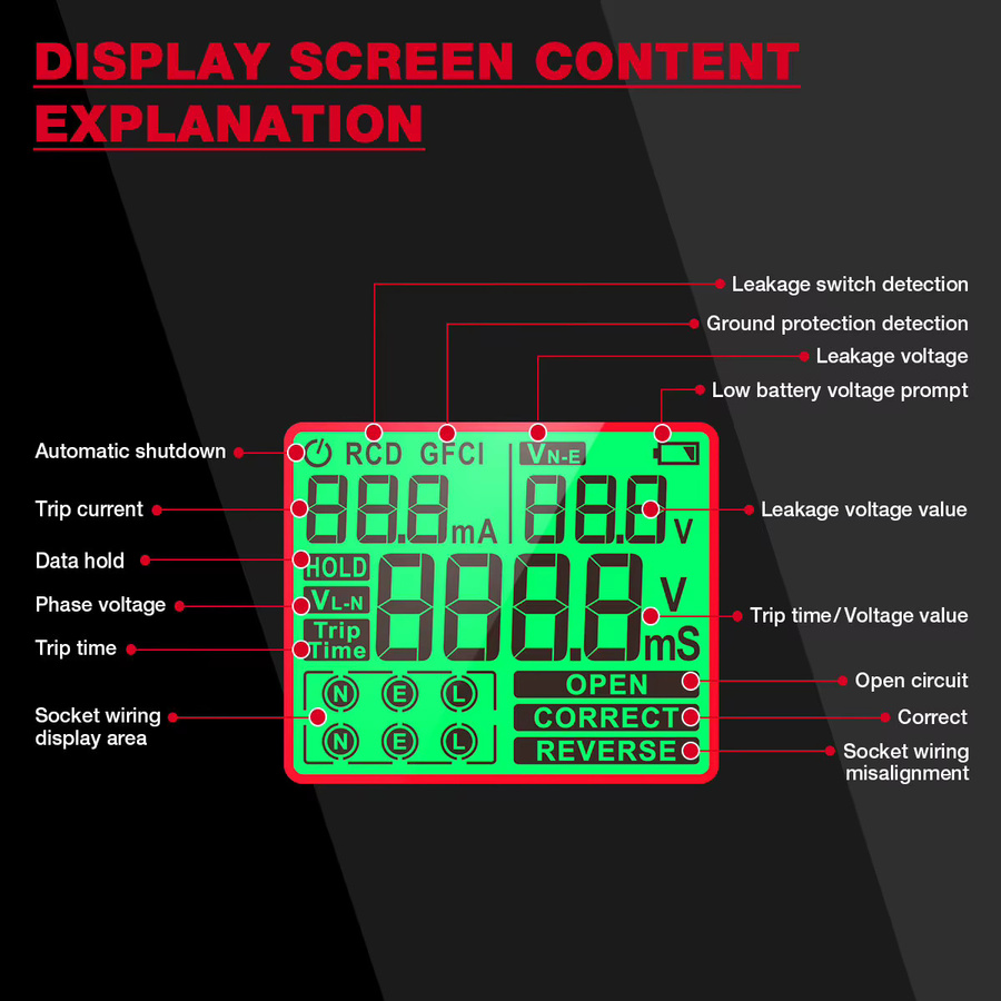 HABOTEST Ht97 Socket Tester Pro Digitaler Spannungsprüfer mit LCD-Display für US, UK und EU Steckdosen zur Prüfung von Erdung, Nullleiter und Polarität - Bild 5