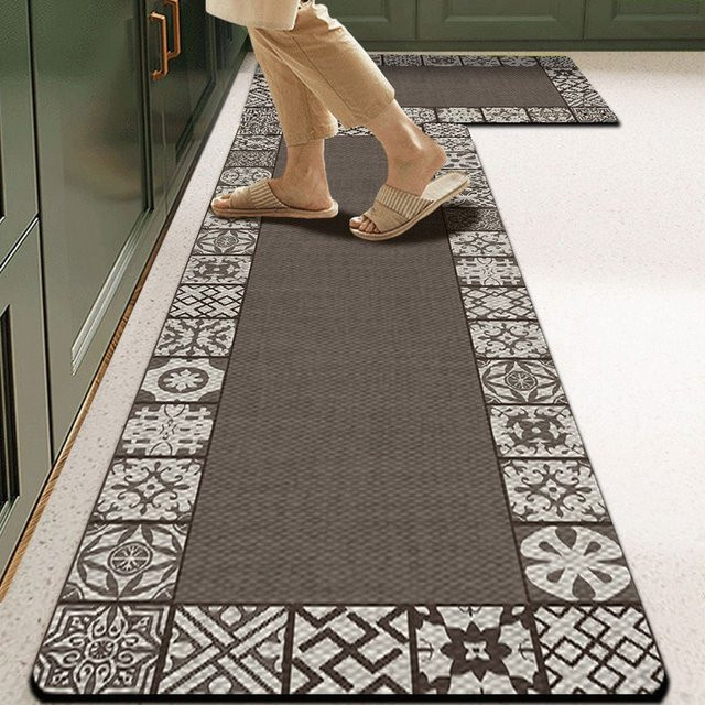 VIKAMA Waschraum-Teppich aus Kristallvelours in Grau mit ethnischem Grafikmuster, wasserabsorbierend, B/T: 60 x 40 cm - Bild 1