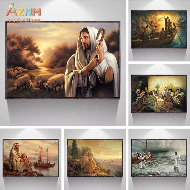 Kayou Leinwandgemälde Jesus der Hirte Christus Wandkunst Dekoration Mehrfarbig - Bild 1